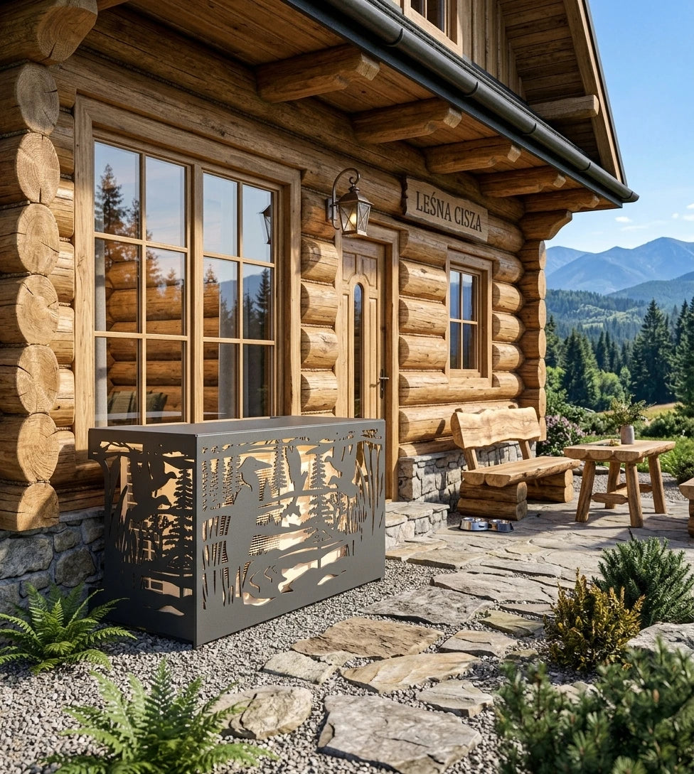A rustic log cabin exterior with a stone patio, outdoor dining set, and a decorative metal fence featuring a forest silhouette. Mountains and trees are visible in the background, and a sign reads 