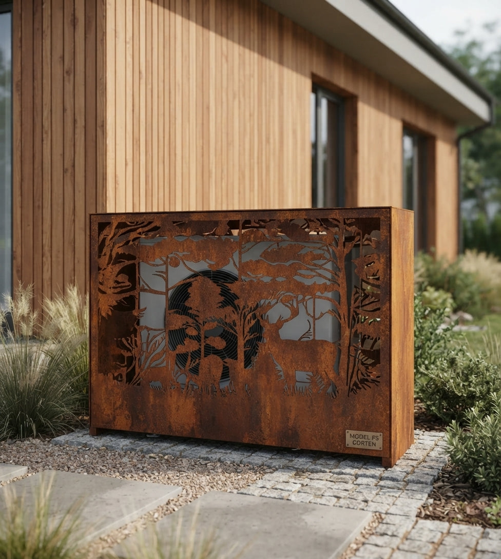 A rusted metal outdoor screen with a deer and tree silhouette cutout, displayed on a stone path in front of a modern wooden house.