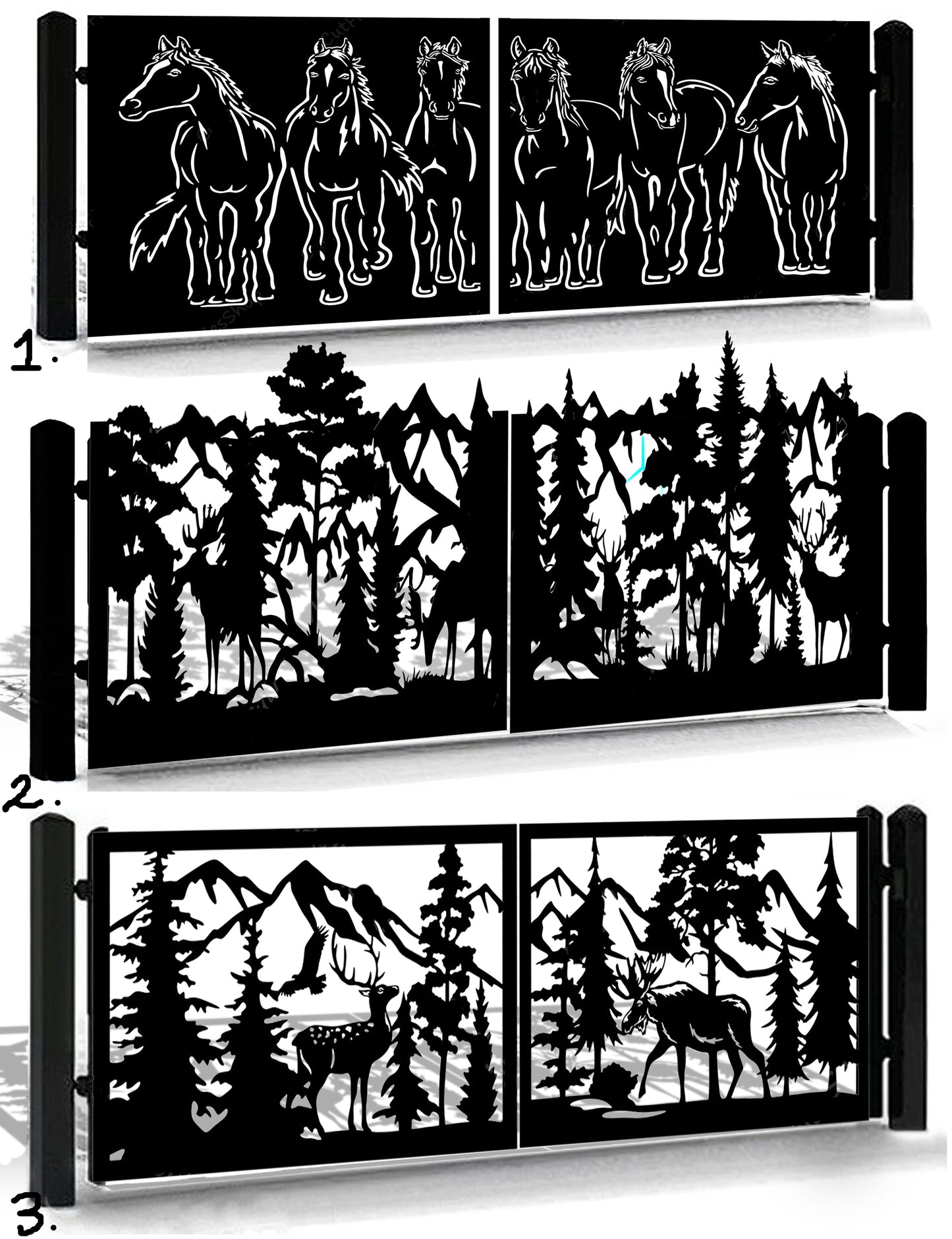 Set of metal wall art panels with horse, forest, and mountain designs.