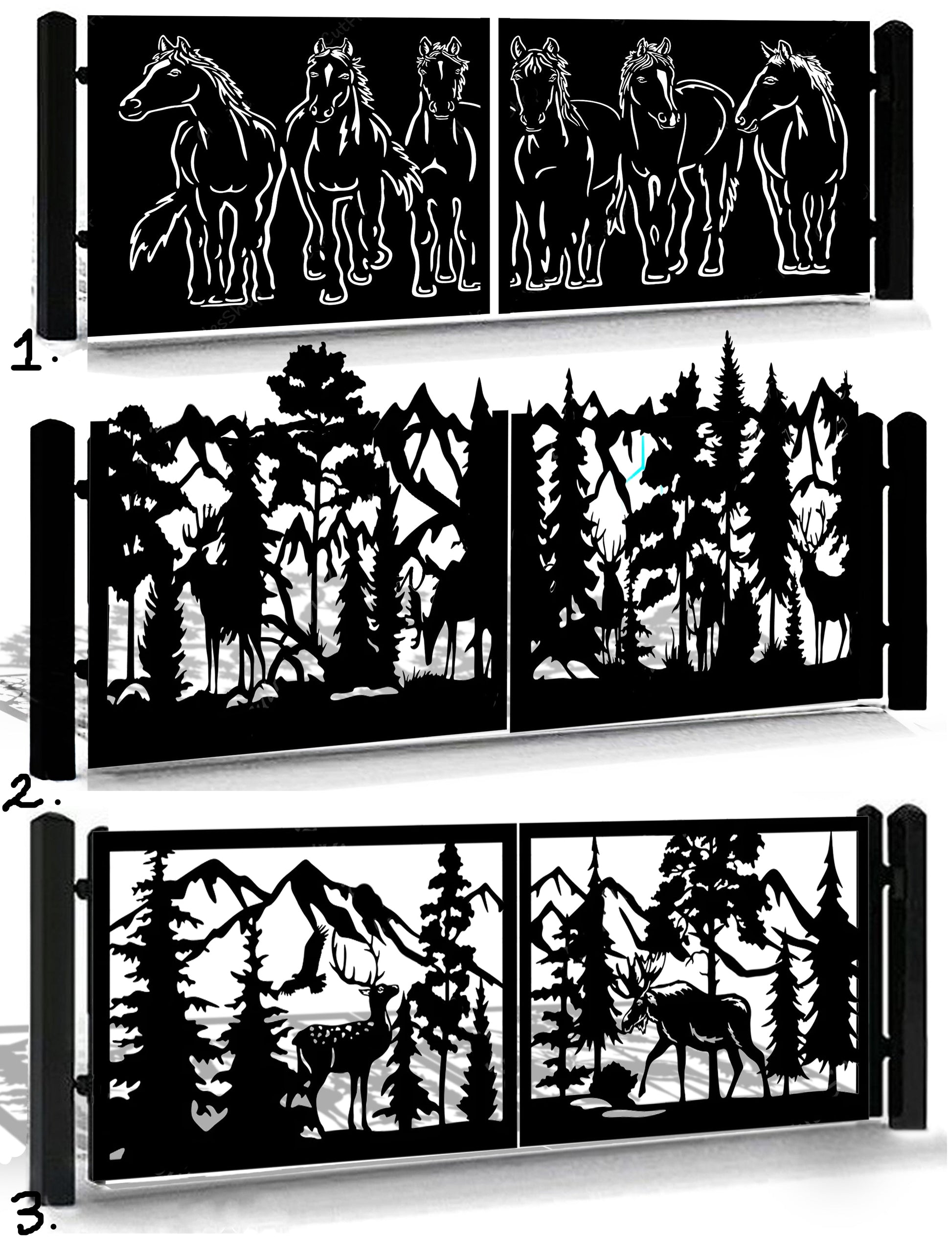 Set of metal wall art panels with horse, forest, and mountain designs.