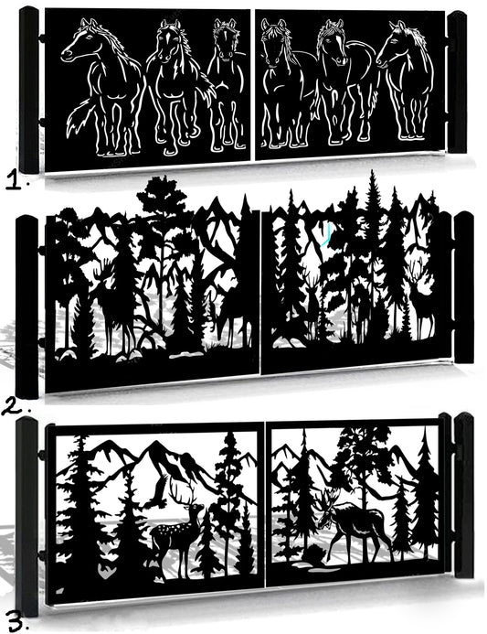 Set of metal wall art panels with horse, forest, and mountain designs.