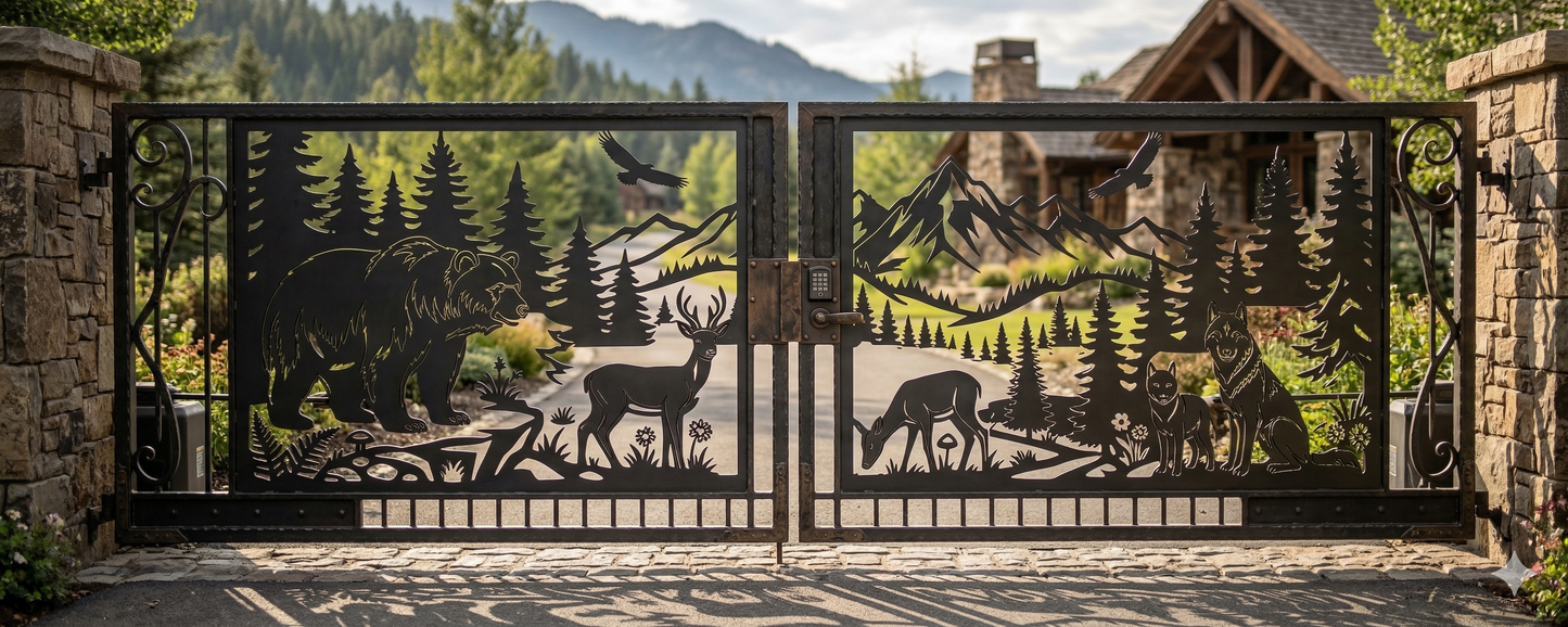 
 A finished black metal driveway gate with a laser-cut mountain and wildlife scene, installed at a scenic residential property.