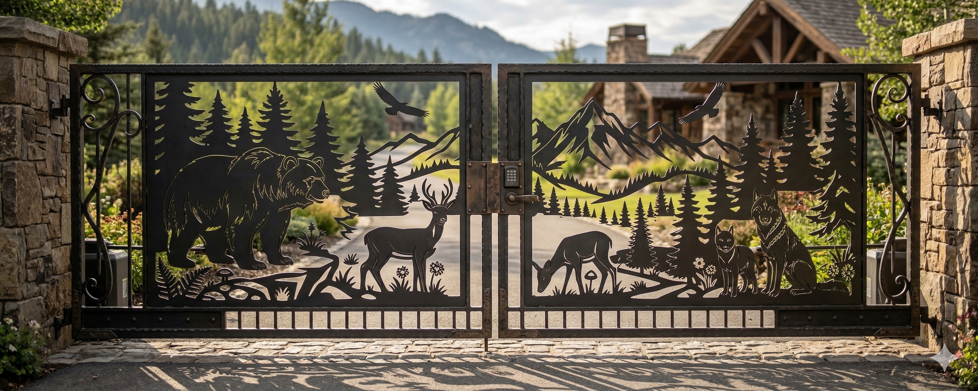 
 A finished black metal driveway gate with a laser-cut mountain and wildlife scene, installed at a scenic residential property.