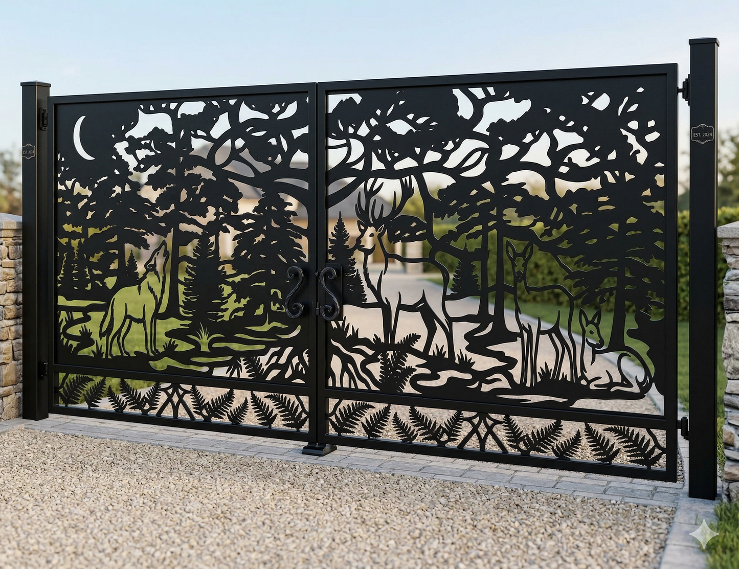  A finished and installed black metal driveway gate with a laser-cut deer and wolf forest landscape, mounted on a modern property