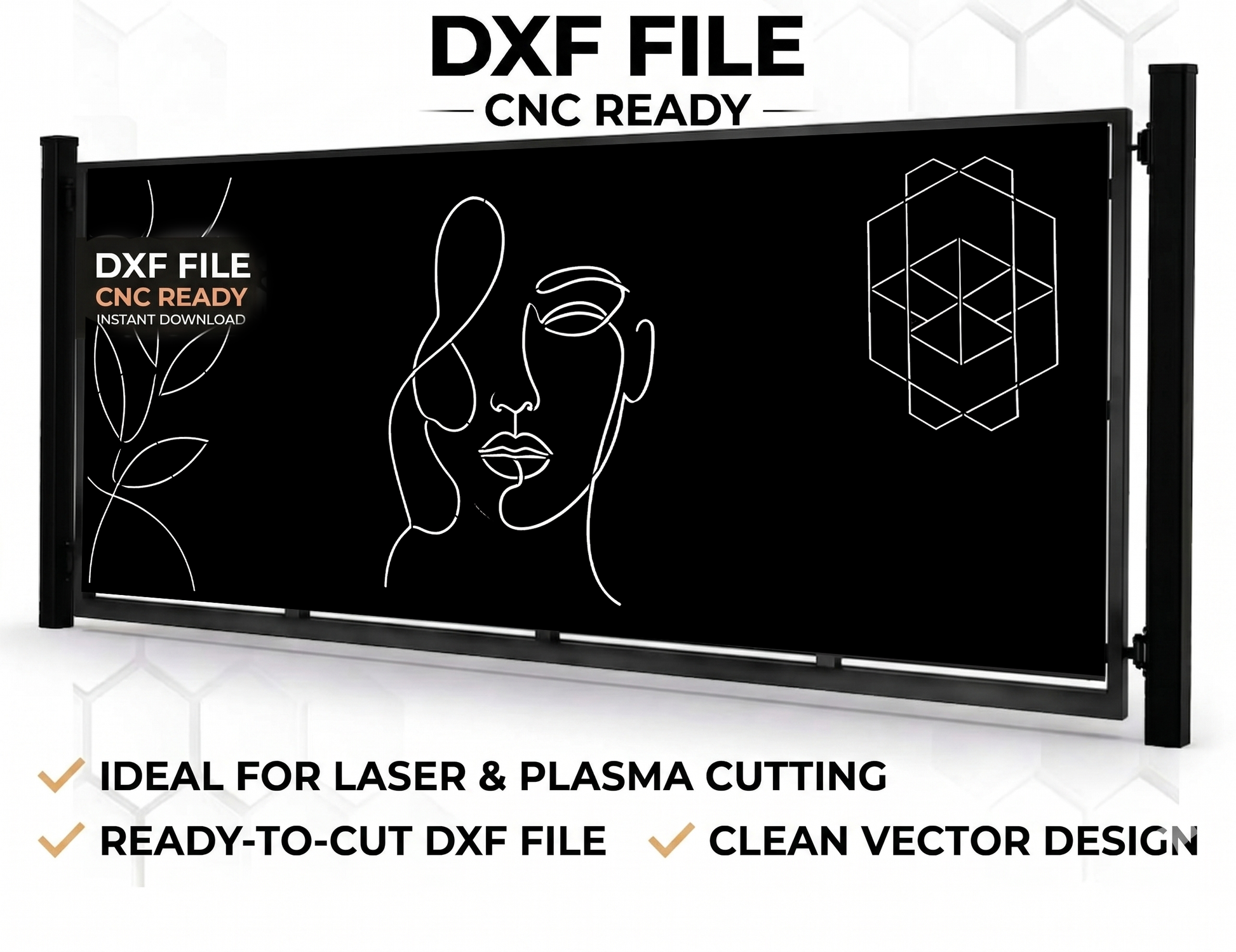 Modern abstract face line art DXF file for CNC laser cutting, minimalist woman portrait gate design