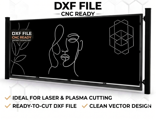 Modern abstract face line art DXF file for CNC laser cutting, minimalist woman portrait gate design