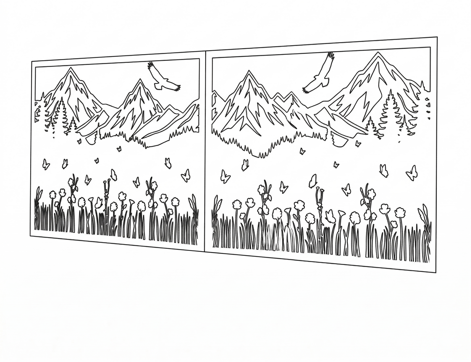 A clean technical vector drawing of the mountain and forest landscape design, ready for import into CNC cutting software.