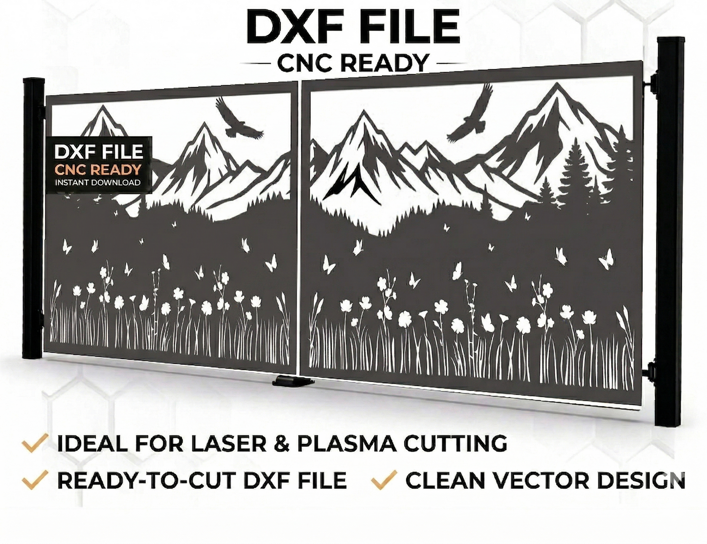  CNC DXF file for a decorative metal gate featuring a majestic mountain range, pine forest, and flying eagles, designed for laser and plasma cutting