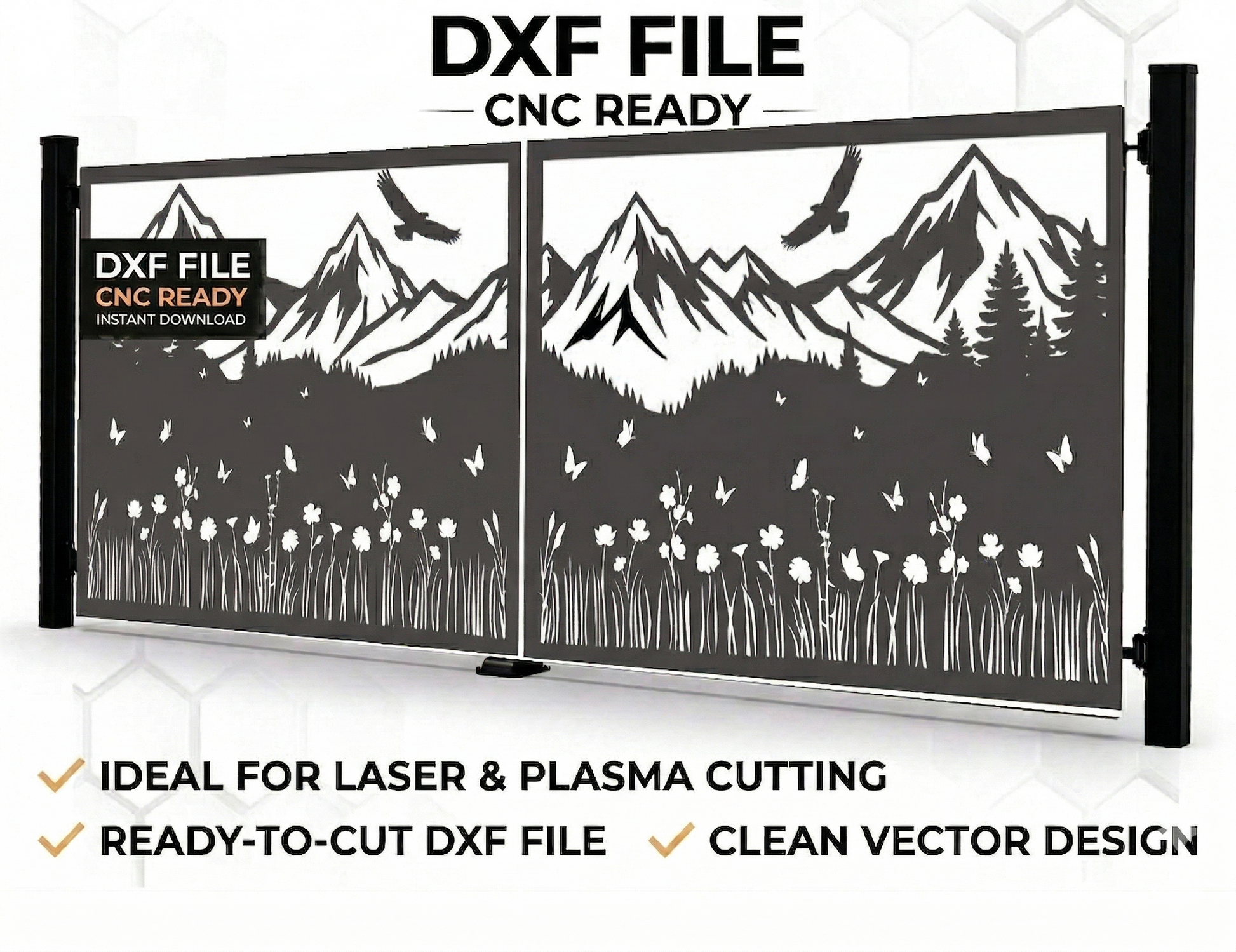  CNC DXF file for a decorative metal gate featuring a majestic mountain range, pine forest, and flying eagles, designed for laser and plasma cutting