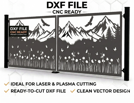  CNC DXF file for a decorative metal gate featuring a majestic mountain range, pine forest, and flying eagles, designed for laser and plasma cutting