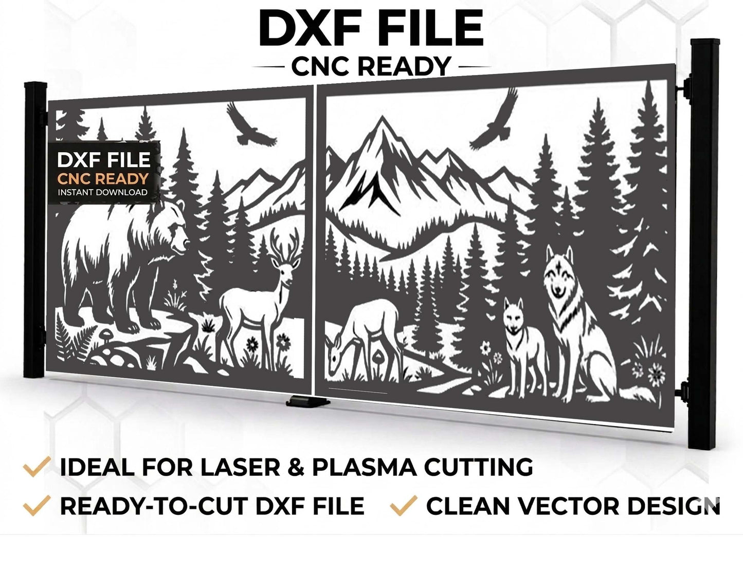  CNC-ready DXF file for a decorative gate featuring a mountain landscape with a bear, deer, wolf, and eagle, optimized for laser and plasma cutting.
