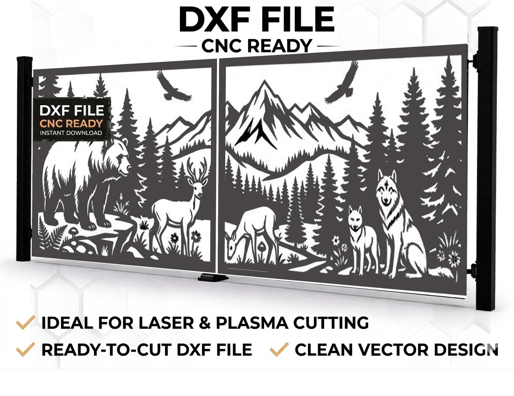  CNC-ready DXF file for a decorative gate featuring a mountain landscape with a bear, deer, wolf, and eagle, optimized for laser and plasma cutting.