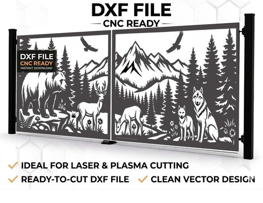  CNC-ready DXF file for a decorative gate featuring a mountain landscape with a bear, deer, wolf, and eagle, optimized for laser and plasma cutting.
