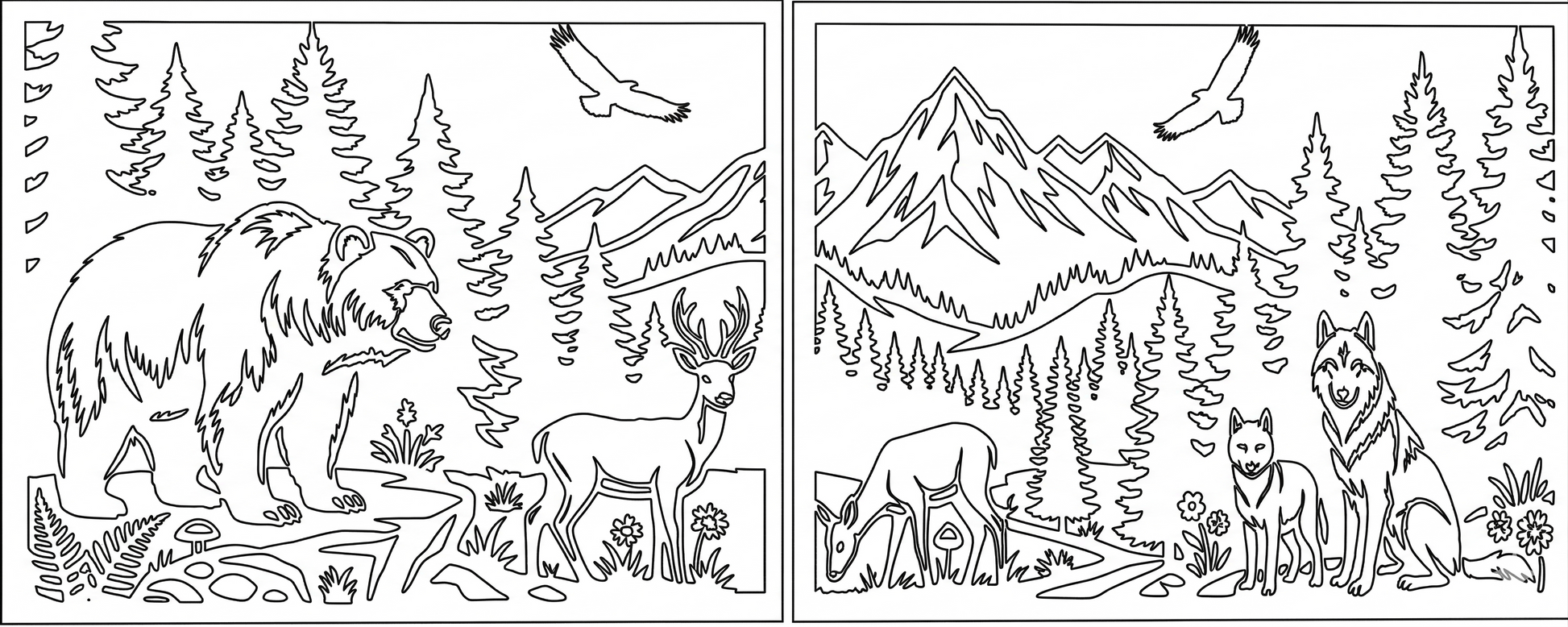 
Technical line drawing (lineart) of the mountain wildlife gate design, showing precise vector paths for CNC cutting machines.
