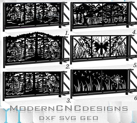 Modern sliding gate pattern featuring wolf animals, butterfly, and dandelion motifs. Professional DXF files prepared for laser cutting, plasma cutting, and CNC fabrication. Perfect for custom metal gates, fence panels, and decorative outdoor screens. Production-ready vector design optimized for precise cutting and clean detailing.