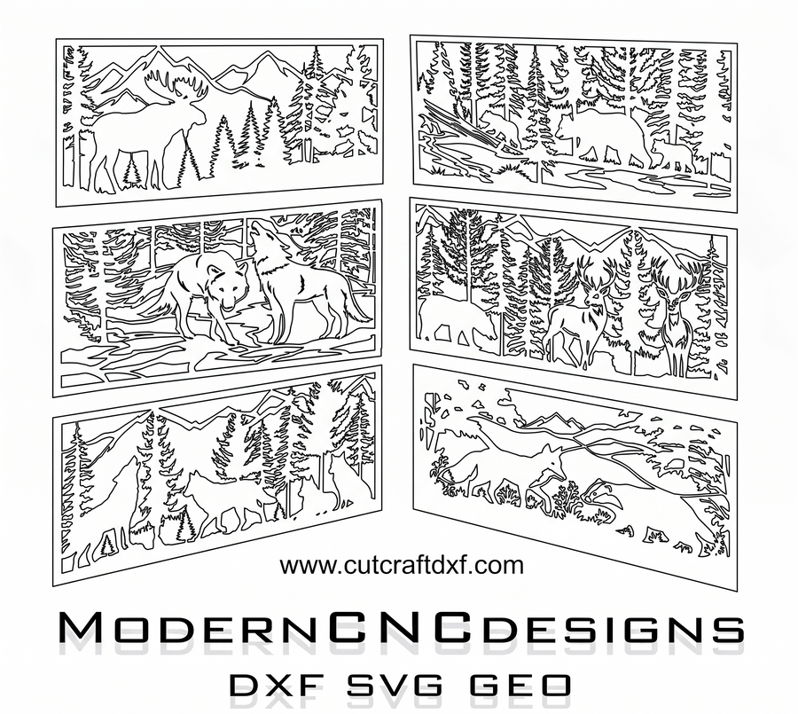 Technical wireframe of wildlife forest vector designs, DXF and SVG files for CNC router and laser machine