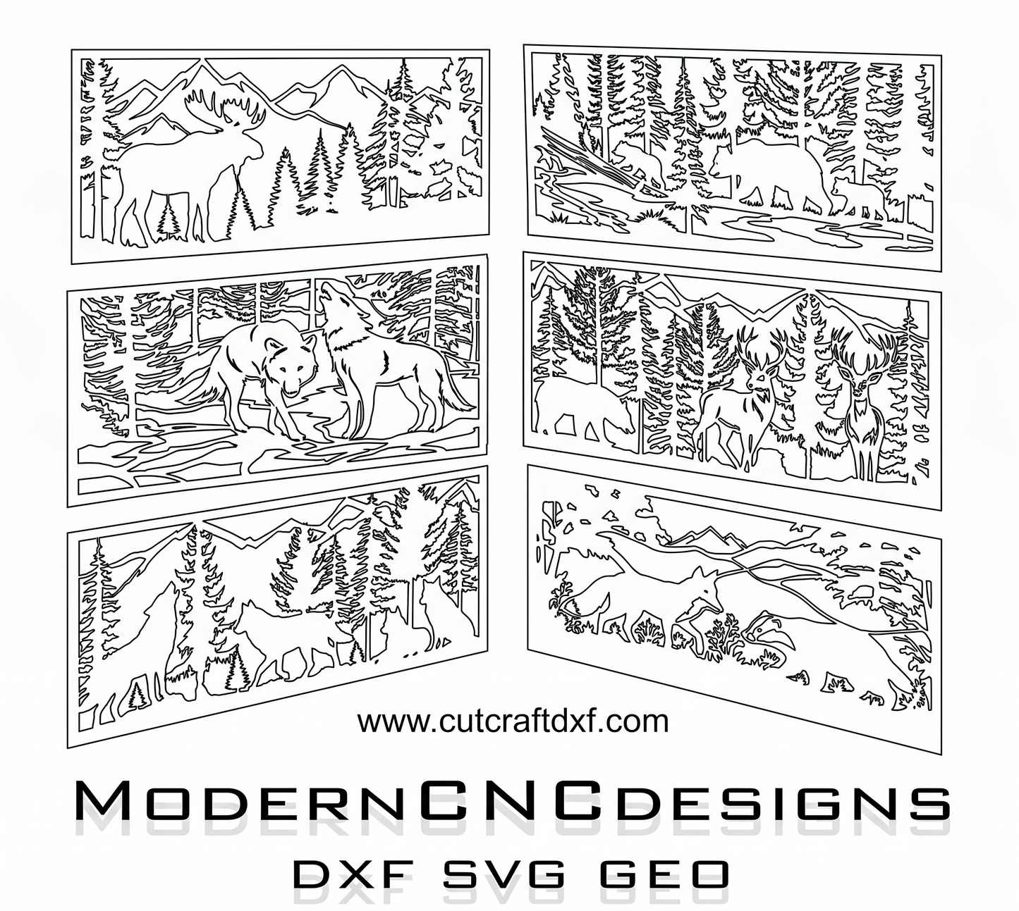 Technical wireframe of wildlife forest vector designs. High-quality DXF and SVG files for CNC router and laser machine accuracy.