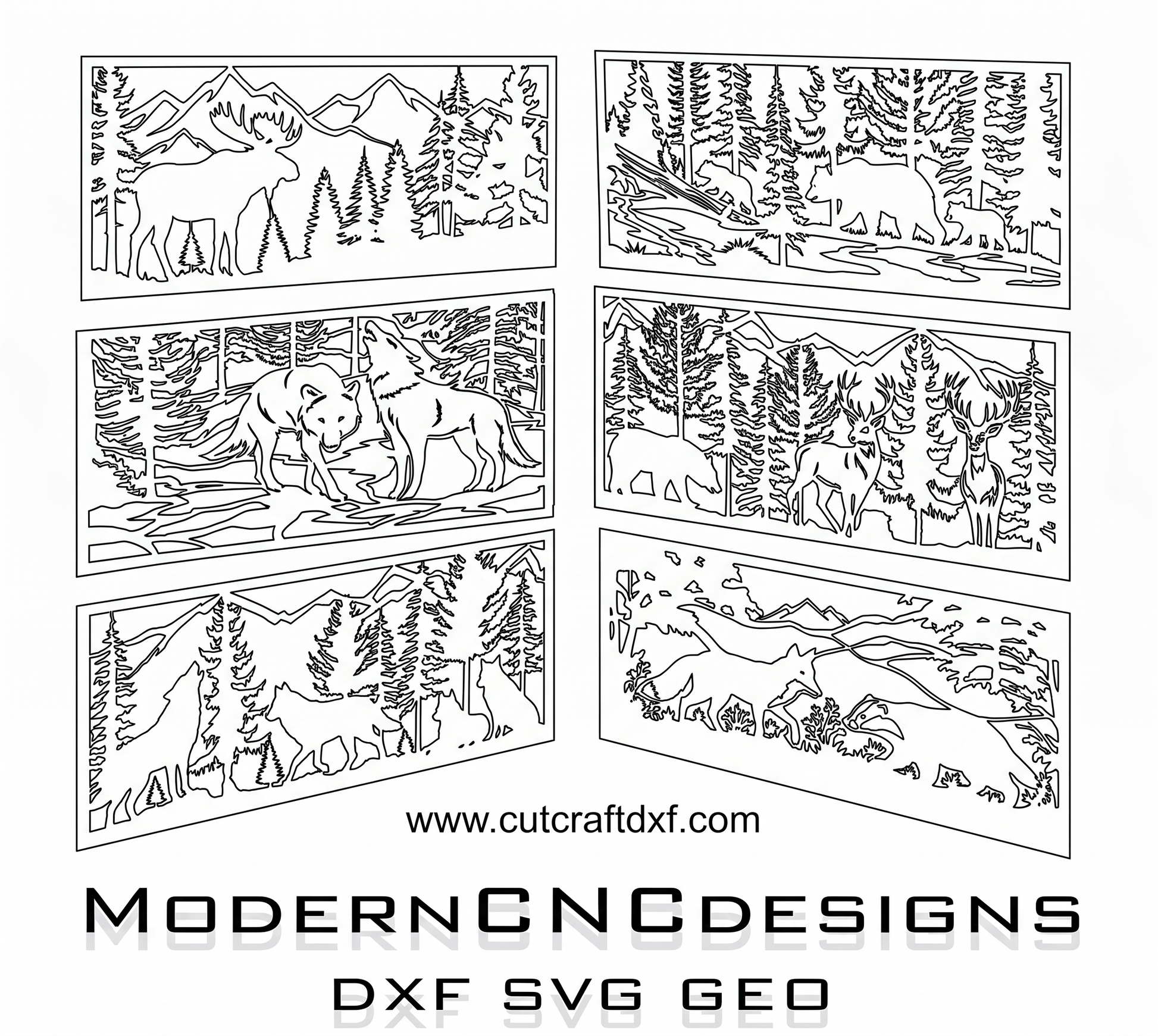 Technical wireframe of wildlife forest vector designs. High-quality DXF and SVG files for CNC router and laser machine accuracy.