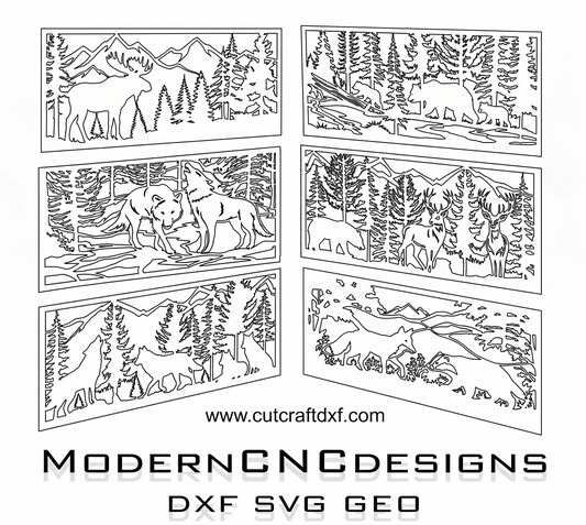 Technical wireframe of wildlife forest vector designs. High-quality DXF and SVG files for CNC router and laser machine accuracy.