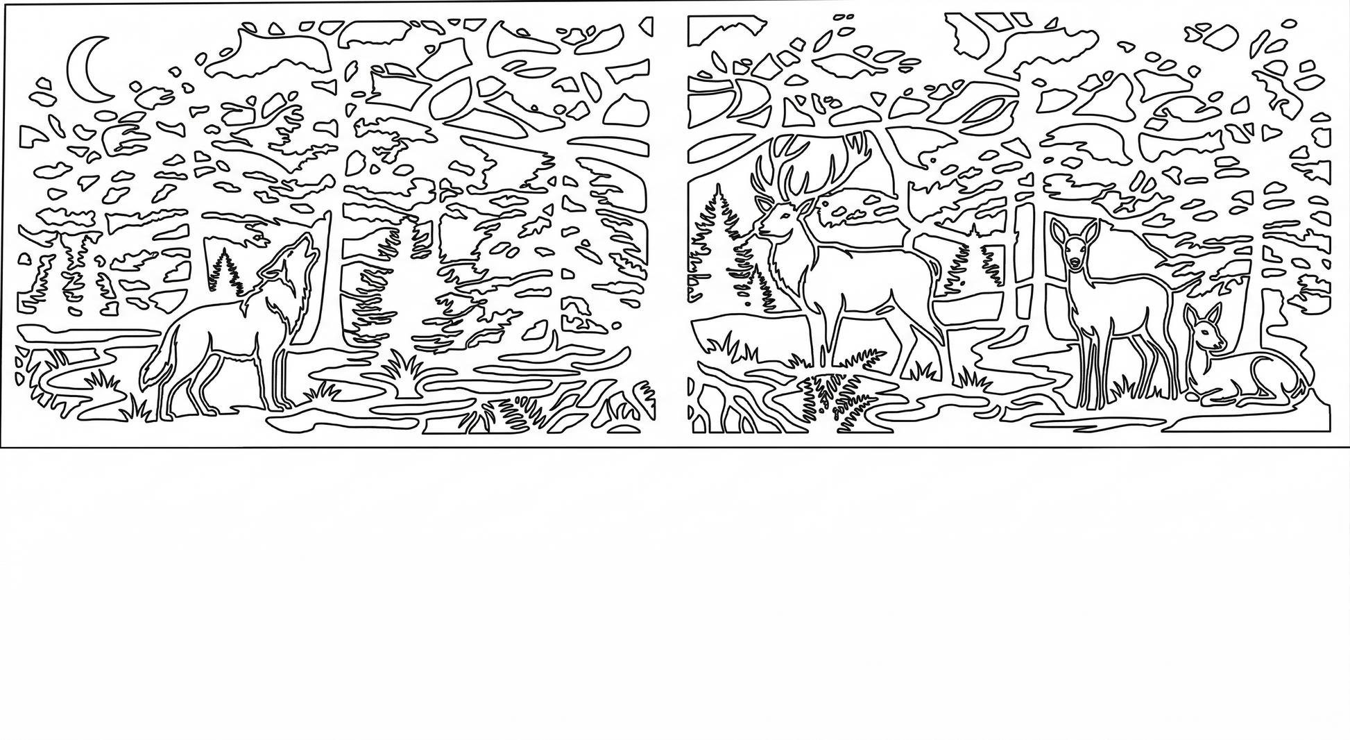  Technical lineart drawing for CNC cutting, showing the detailed outlines of trees, deer, and wolf for a metal gate panel.