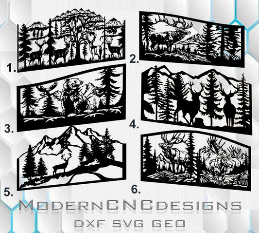 Bear and deer wildlife forest fence pattern in DXF format, ready for laser cutting, plasma cutting, and CNC fabrication. Perfect for sliding gates, swing gates, garden fences, wicket doors, balcony railings, and decorative outdoor metal panels for modern homes and forest-style landscaping projects.