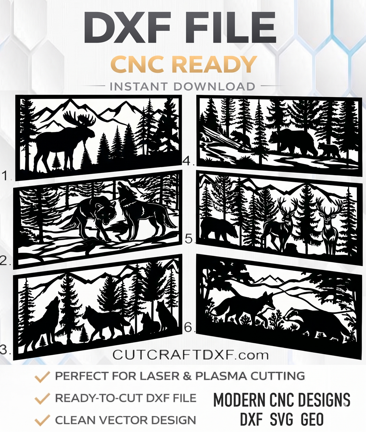 Wildlife forest scenes CNC bundle with wolf, bear, deer and moose DXF SVG files