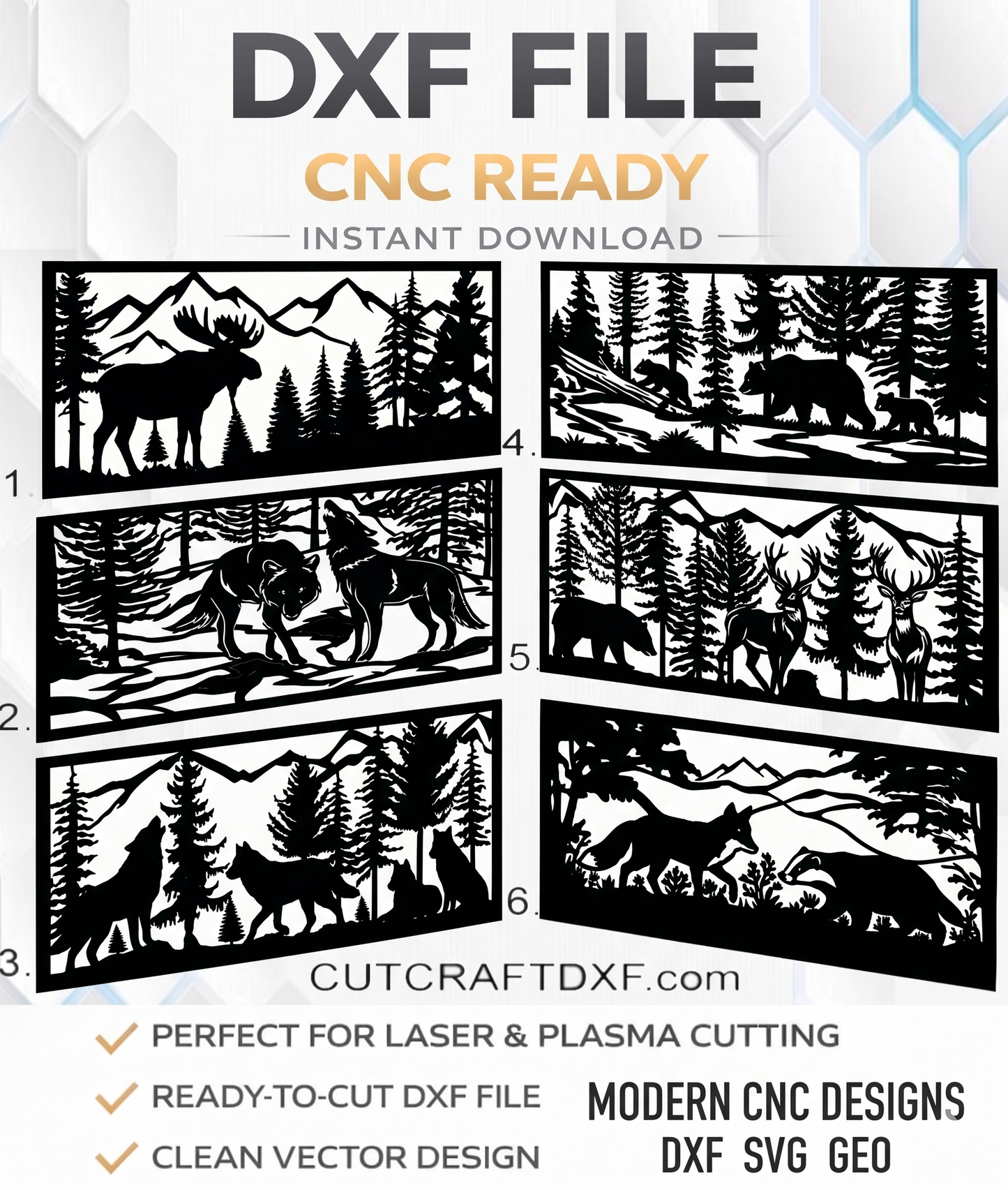6 Wildlife forest scenes CNC bundle featuring wolf, bear, deer, and moose. DXF SVG GEO files for laser and plasma cutting.