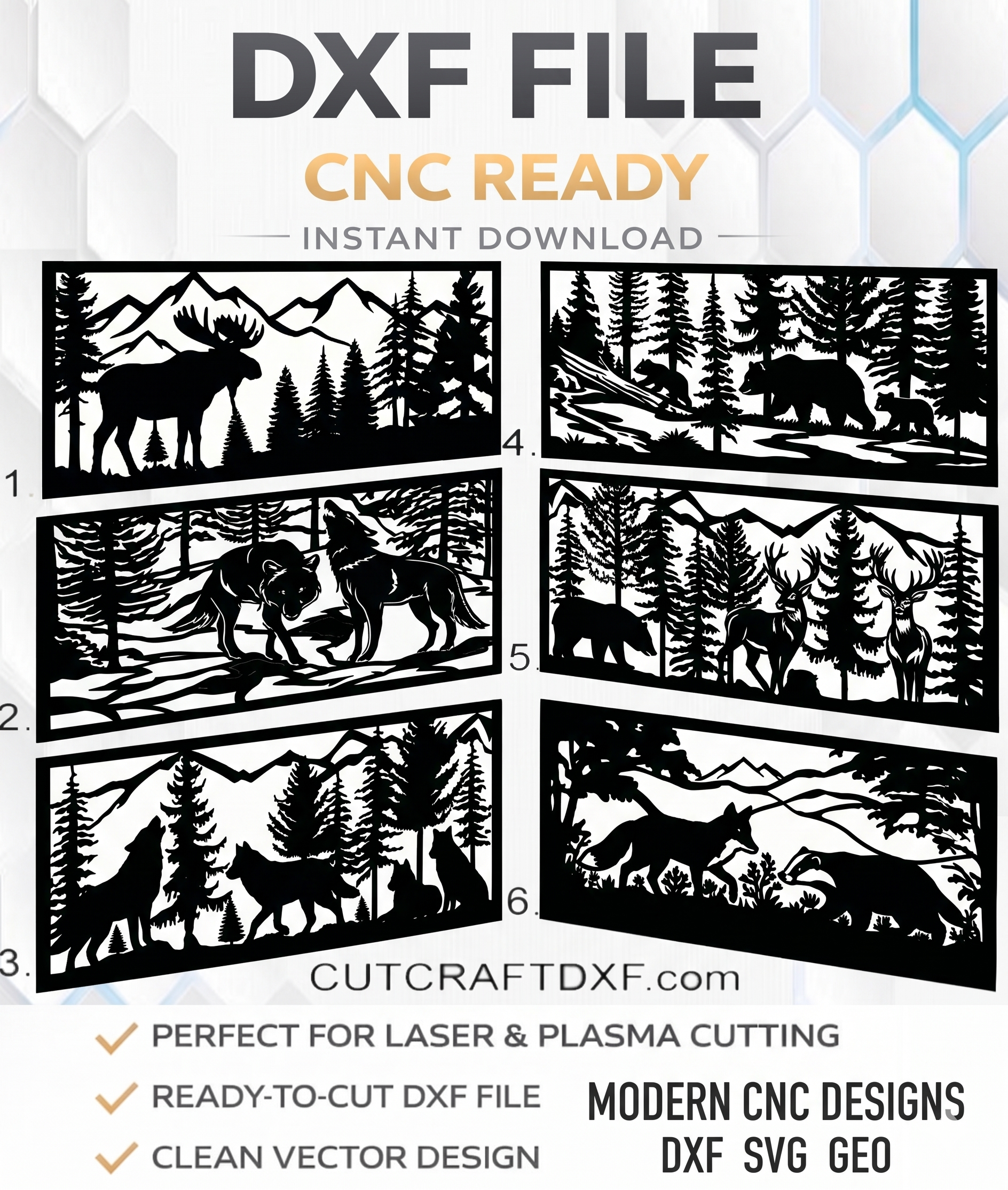 6 Wildlife forest scenes CNC bundle featuring wolf, bear, deer, and moose. DXF SVG GEO files for laser and plasma cutting.