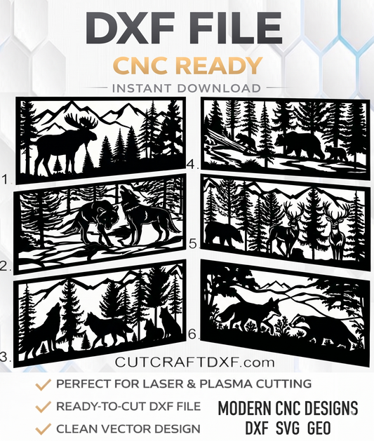 6 Wildlife forest scenes CNC bundle featuring wolf, bear, deer, and moose. DXF SVG GEO files for laser and plasma cutting.