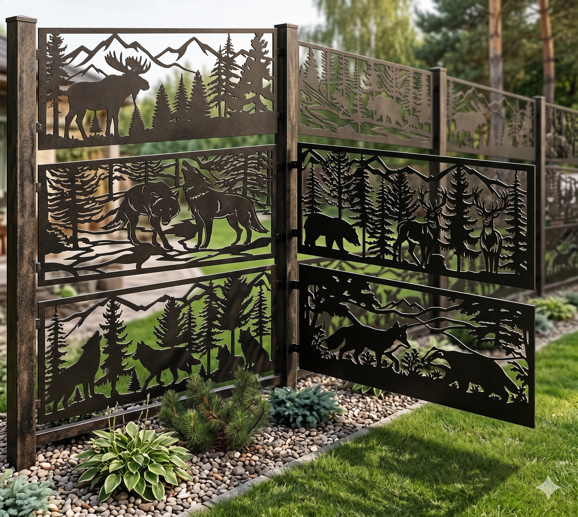 Decorative metal garden privacy screens with forest patterns. Example of plasma cut panels used for outdoor landscapin