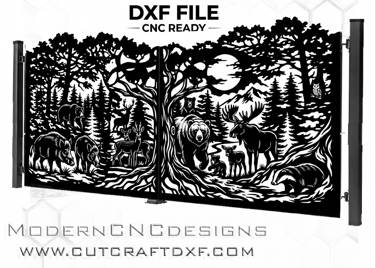 Wildlife forest scene DXF file for CNC laser and plasma cutting, driveway gate design