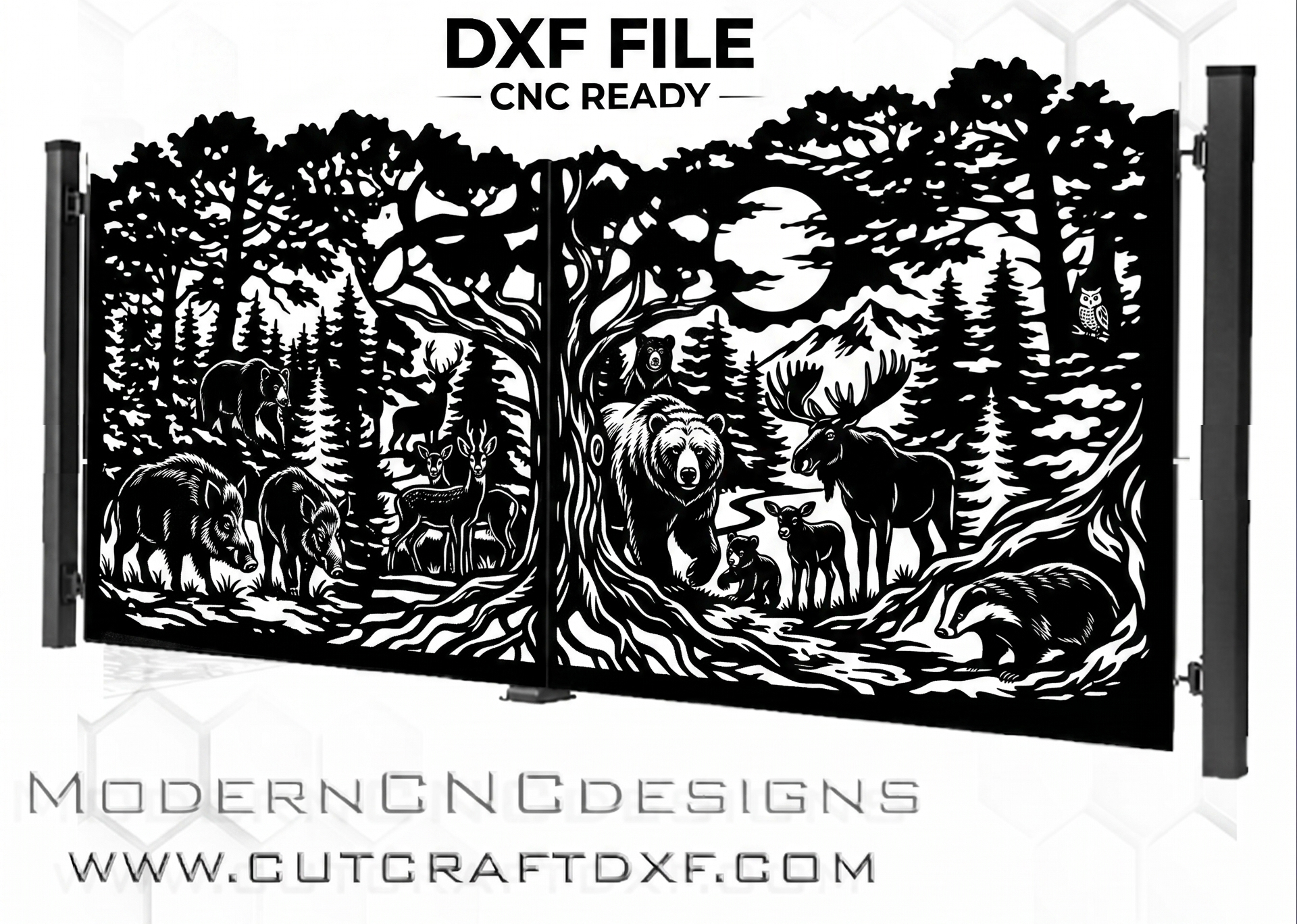 Wildlife forest scene DXF file for CNC laser and plasma cutting, driveway gate design