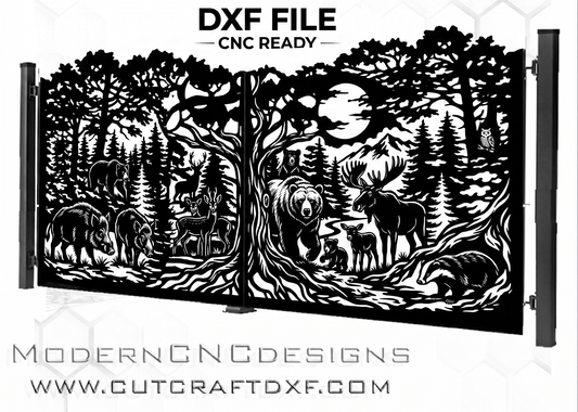 Wildlife forest scene DXF file for CNC laser and plasma cutting, driveway gate design