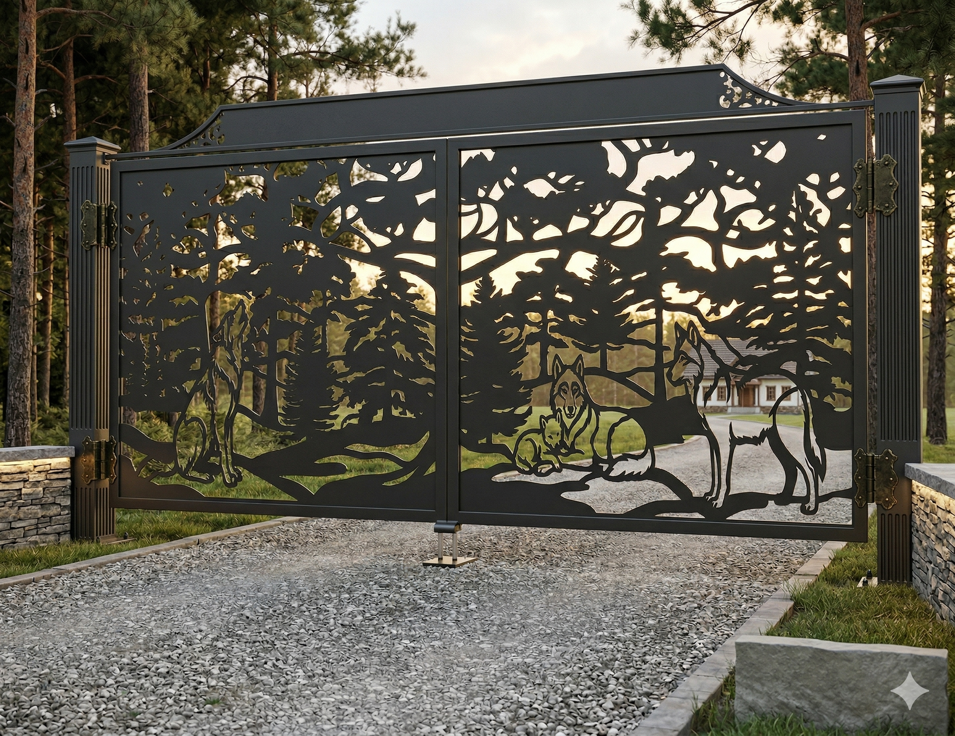 Finished black metal gate with a laser-cut wolf forest motif, installed on a driveway with trees in the background.
