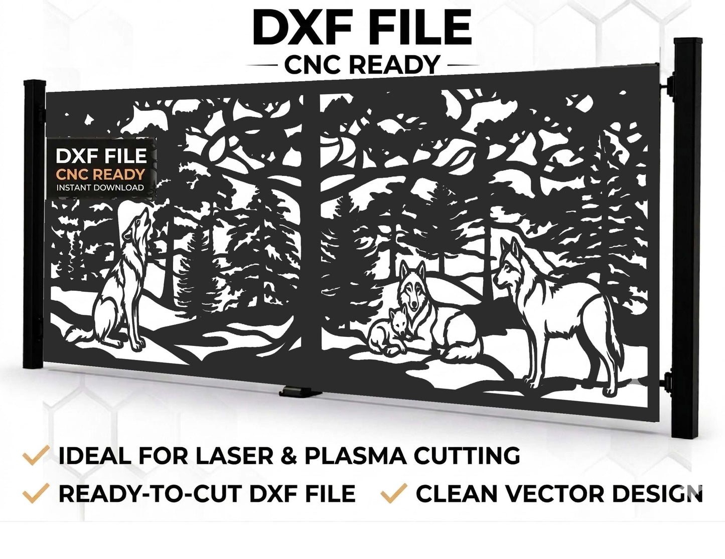 
 CNC-ready DXF file for a metal gate featuring a pack of wolves in a dense forest, ideal for laser and plasma cutting.