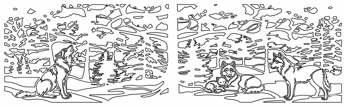 
Clean vector lineart drawing of the wolves and forest gate design, showing the cutting paths for CNC software.