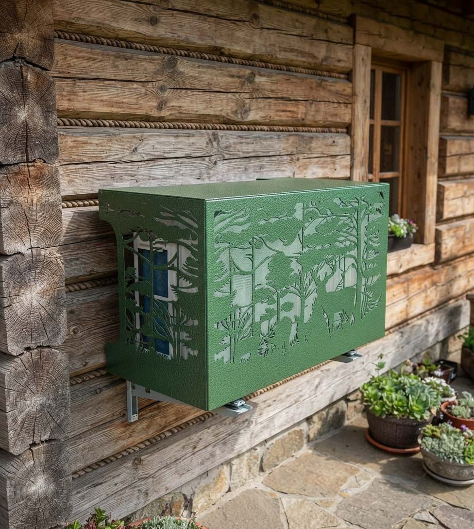 A green metal exterior wall box with laser-cut forest and deer silhouettes, mounted on a rustic log cabin wall next to a window and potted plants.