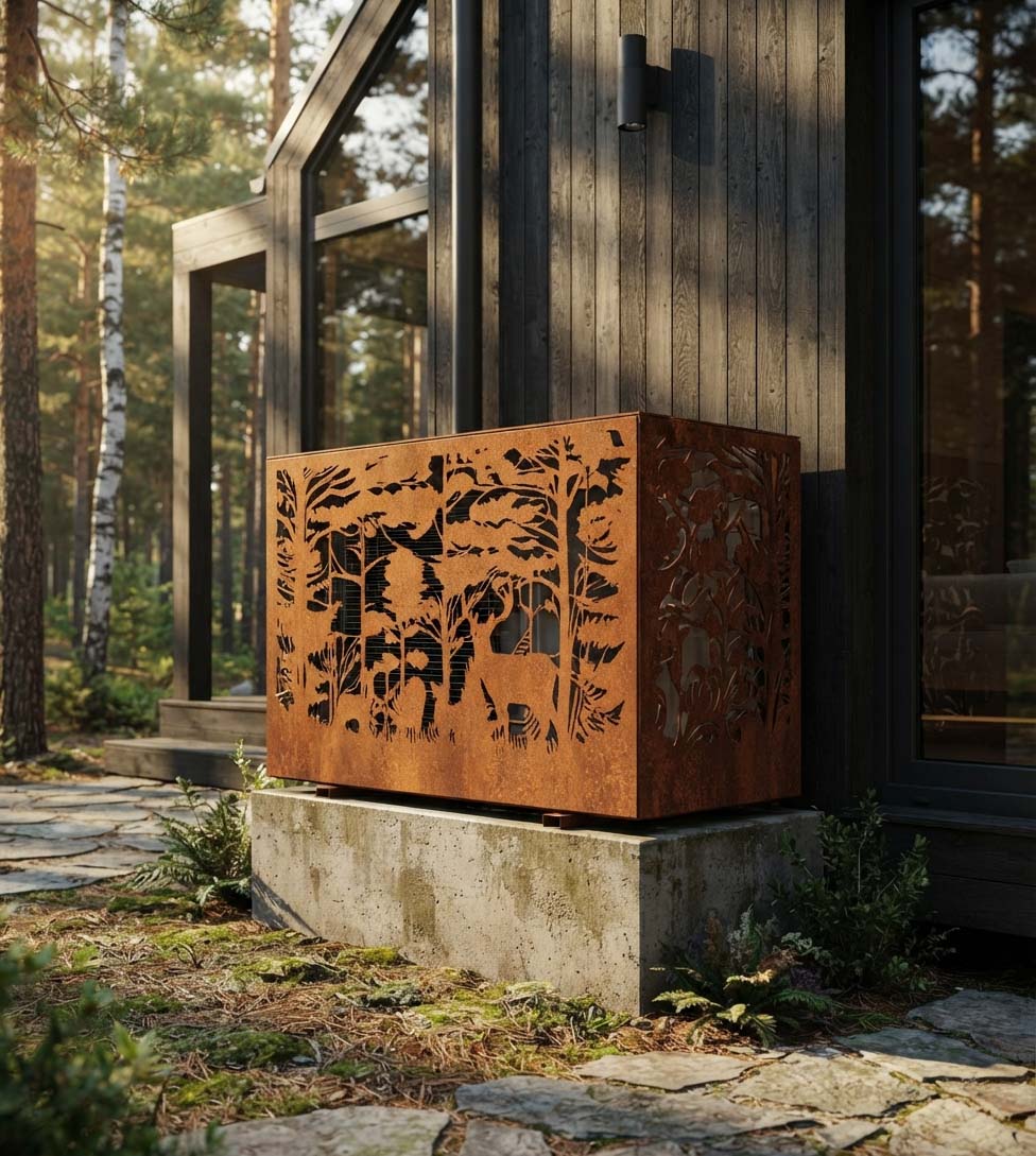 A rectangular rusted steel planter box with intricate laser-cut forest and animal motifs, displayed outdoors on a concrete base next to a modern wooden house in a forest setting.