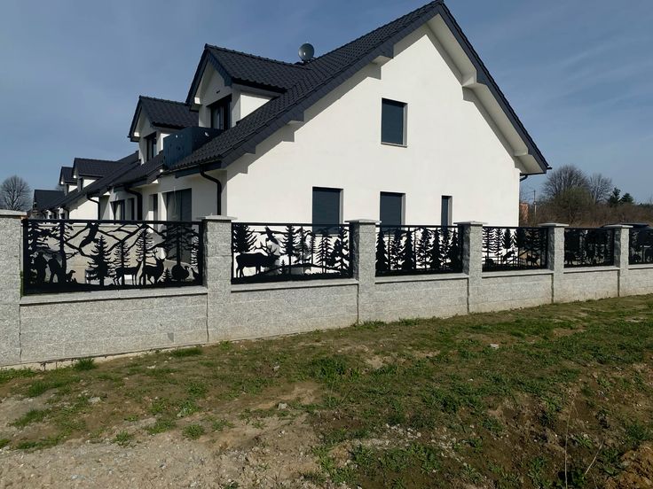 Modern house with a decorative metal fence in a rural setting