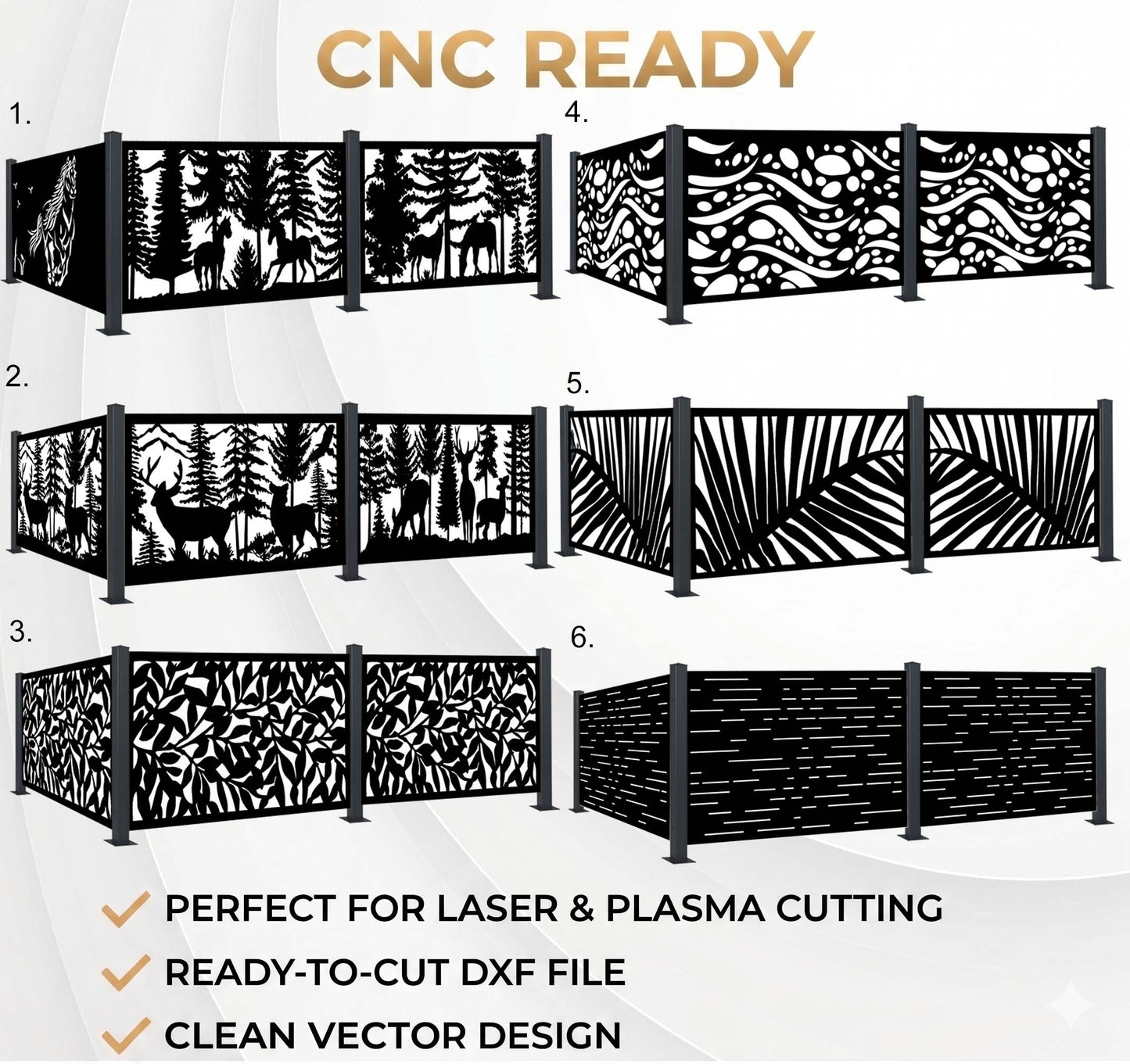 Various laser-cut metal panels with different patterns and text 'CNC READY' on a white background.