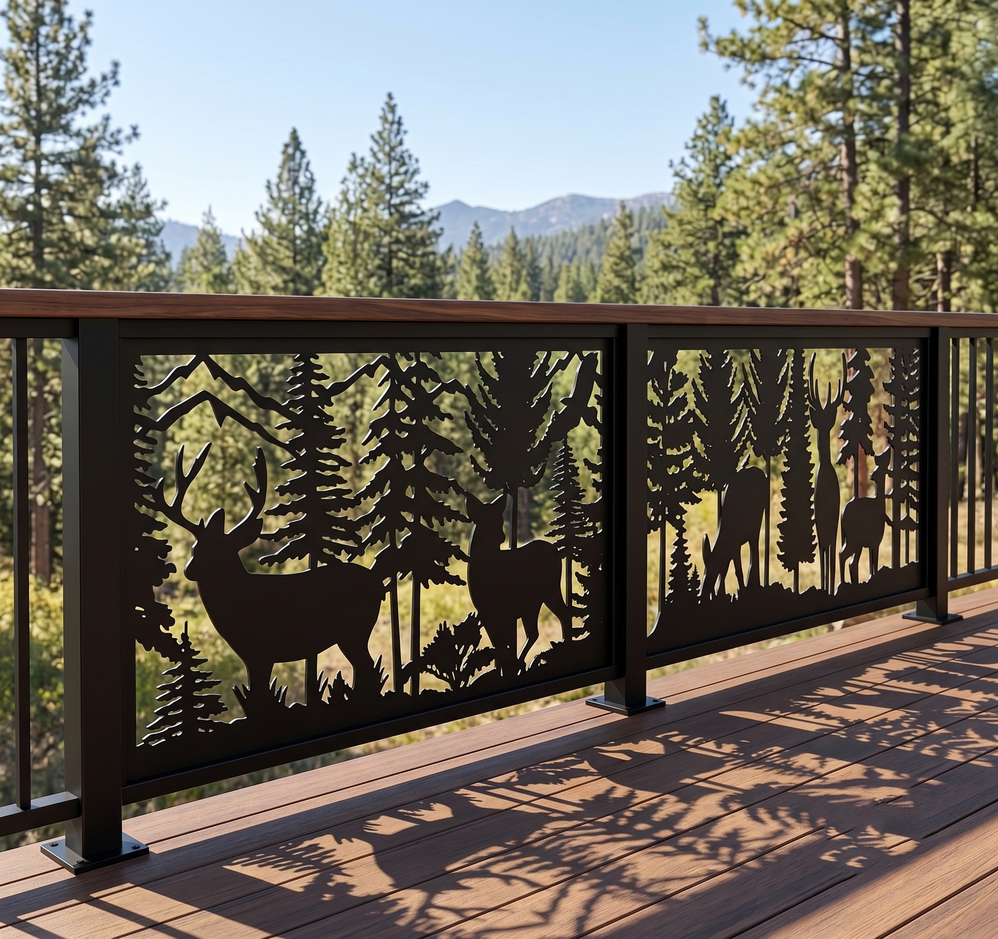 Decorative metal railing with deer and forest design on a wooden deck with a scenic view of trees and mountains.