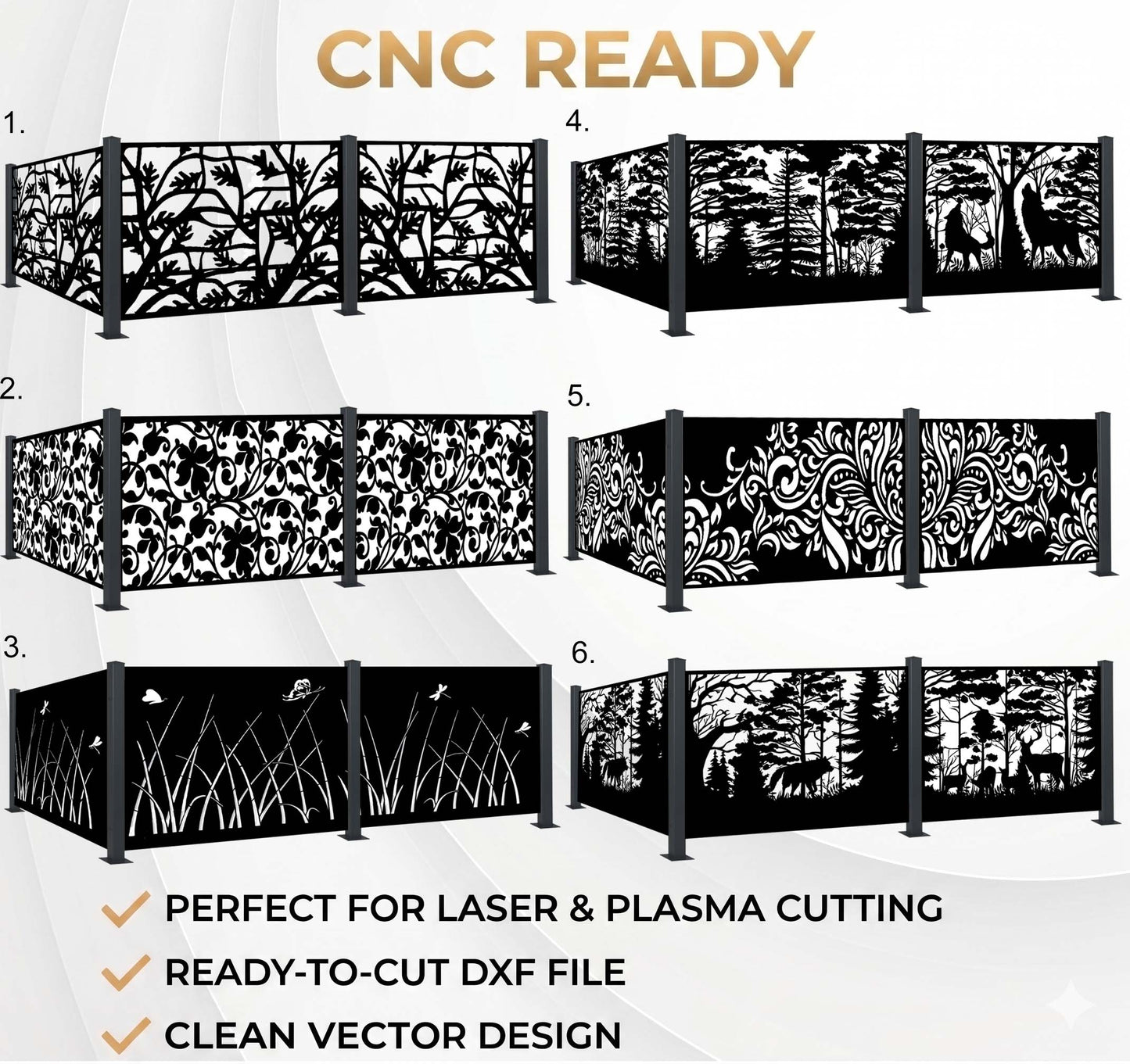 Set of six black metal panels with laser-cut designs on a white background, labeled 'CNC READY'.