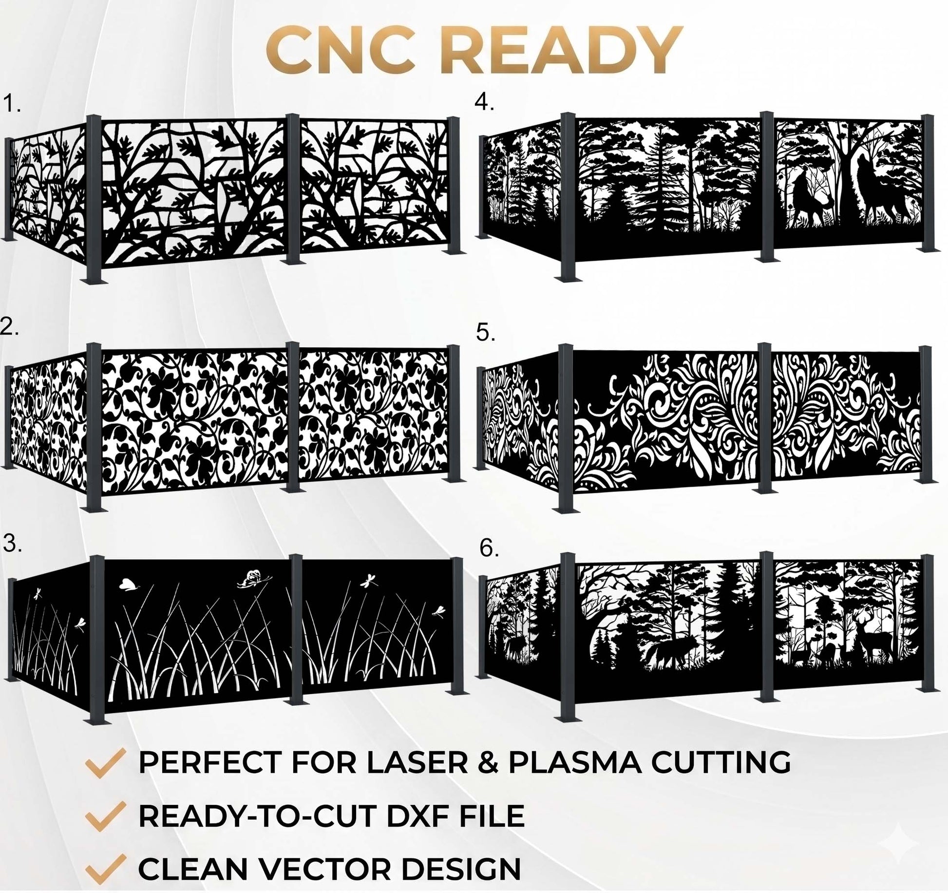 Set of six black metal panels with laser-cut designs on a white background, labeled 'CNC READY'.