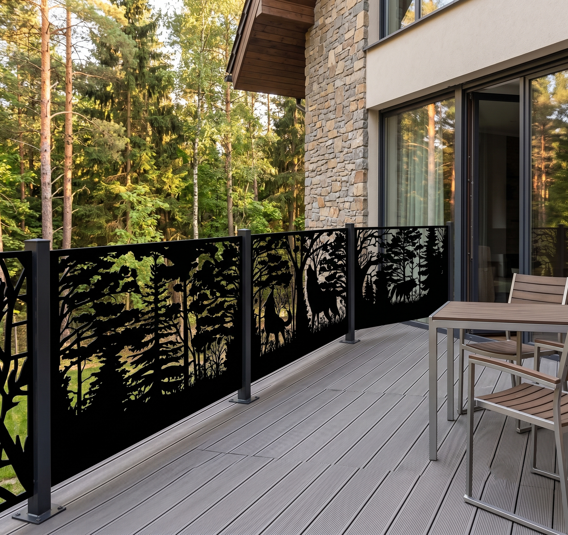 Balcony with decorative railing featuring a forest design, overlooking a forested area.