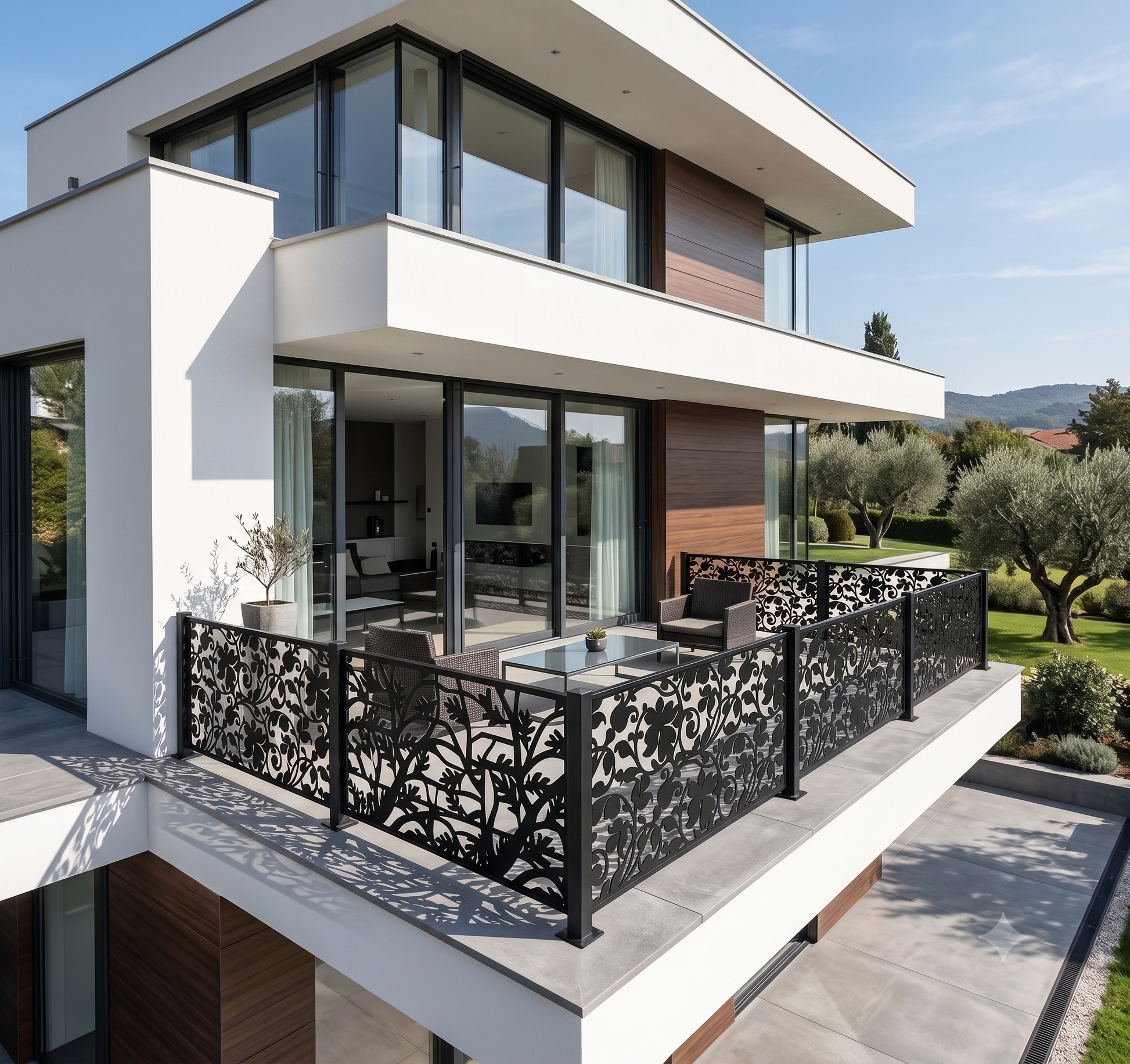 Modern house with a balcony featuring decorative railings