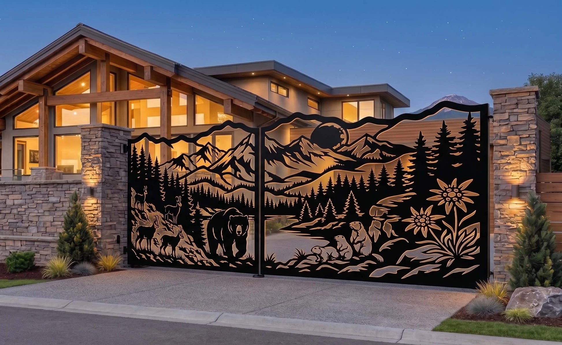Bear, mountain range, Edelweiss flower and wildlife gate, intricate CNC plasma DXF file design, integrated in stone pillars with modern luxury house at twilight.