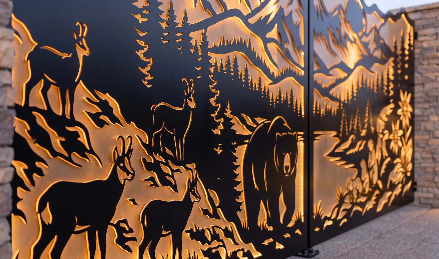 Bear, mountain range, Edelweiss flower and wildlife gate, intricate CNC plasma DXF file design, integrated in stone pillars with modern luxury house at twilight.