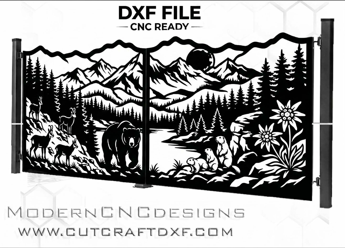 Bear, mountain range, Edelweiss flower and wildlife gate, intricate CNC plasma DXF file design, integrated in stone pillars with modern luxury house at twilight.