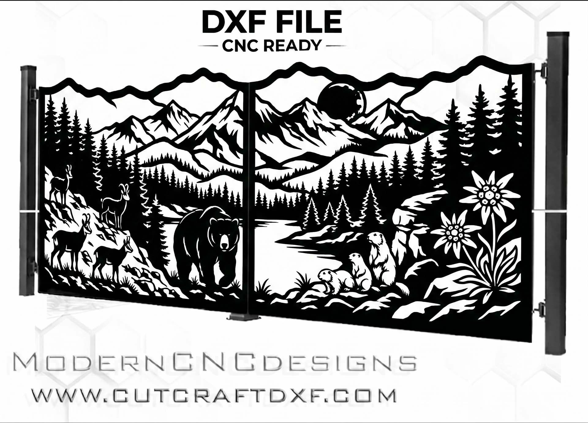 Bear, mountain range, Edelweiss flower and wildlife gate, intricate CNC plasma DXF file design, integrated in stone pillars with modern luxury house at twilight.