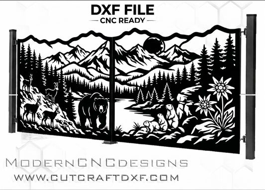 Bear, mountain range, Edelweiss flower and wildlife gate, intricate CNC plasma DXF file design, integrated in stone pillars with modern luxury house at twilight.